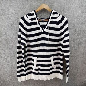 Tommy Hilfiger Women's Med White Navy Stripe Cotton Hooded Drawstring Beach